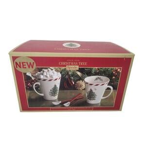 New Spode Christmas Tree Mug(s) w/Spoons Set of 2 Cocoa Coffee Tea 14oz